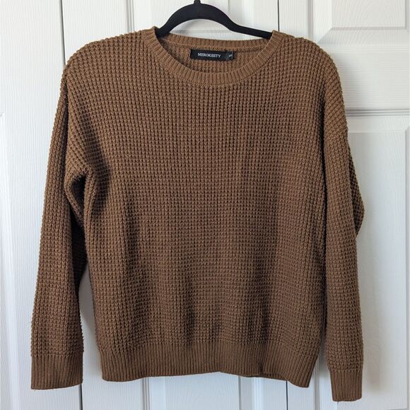 MEROKEETY Waffle Knit Pullover Sweater | Women’s Small | Khaki | Long Sleeve - Picture 2 of 5